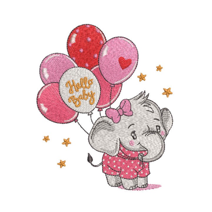 Baby elephant with balloons embroidery design - Embroidery Design