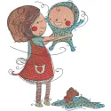 Embroidery design featuring a sister playing with her brother, ideal for baby garments and accessories.