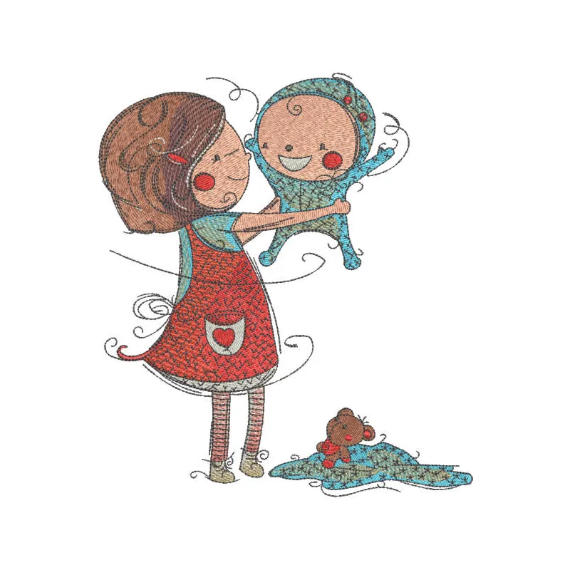 Embroidery design featuring a sister playing with her brother, ideal for baby garments and accessories.