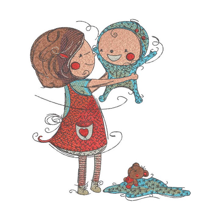 Sister playing with brother embroidery design - Embroidery Design