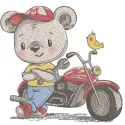 Preview of the My New Motorcycle embroidery design featuring a teddy bear riding a motorcycle.