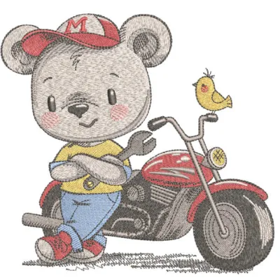 Preview of the My New Motorcycle embroidery design featuring a teddy bear riding a motorcycle.
