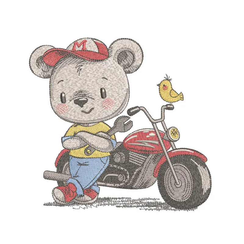 Preview of the My New Motorcycle embroidery design featuring a teddy bear riding a motorcycle.