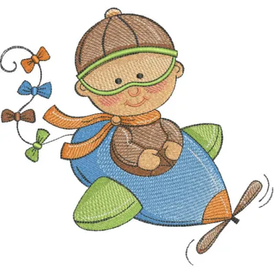 Boy pilot embroidery design featuring a cute aviator theme, ideal for baby onesies and toddler apparel.