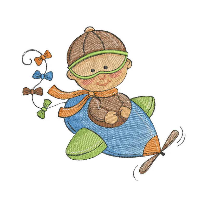 Boy pilot embroidery design featuring a cute aviator theme, ideal for baby onesies and toddler apparel.