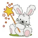 Rabbit wizard holding a magic wand embroidery design, ideal for stitching on t-shirts and tote bags.