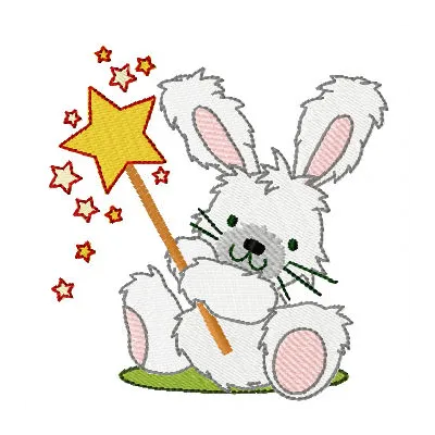 Rabbit wizard holding a magic wand embroidery design, ideal for stitching on t-shirts and tote bags.