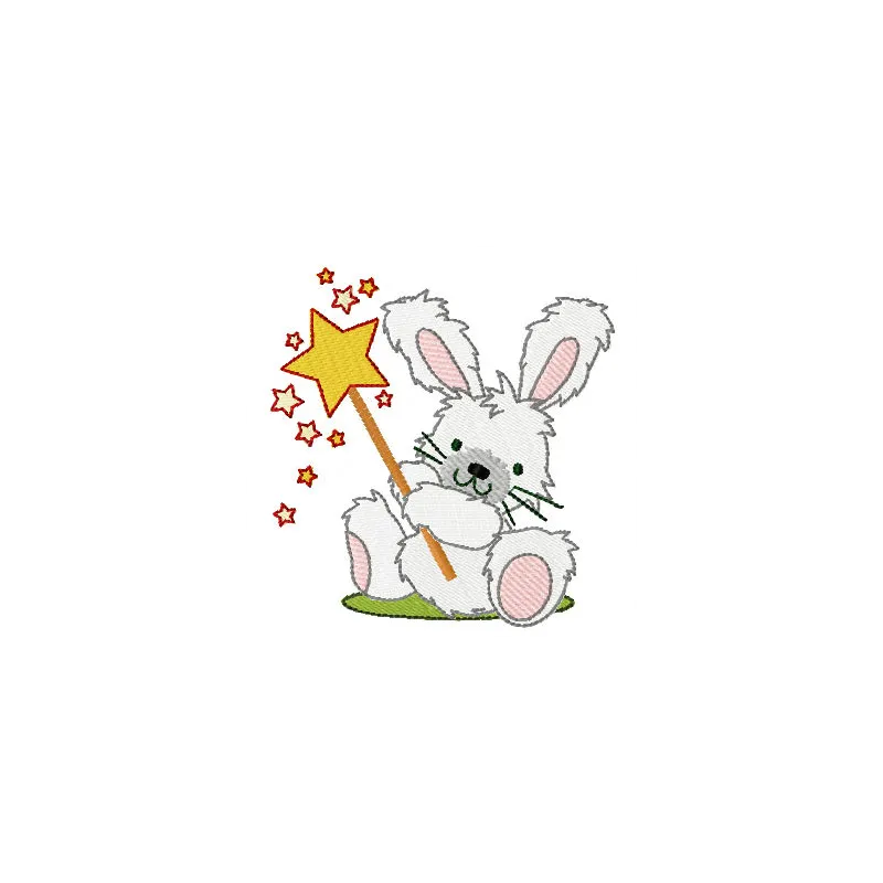 Rabbit wizard holding a magic wand embroidery design, ideal for stitching on t-shirts and tote bags.
