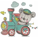 Teddy train driver embroidery design featuring a cute teddy bear in a conductor's hat, perfect for children's projects.