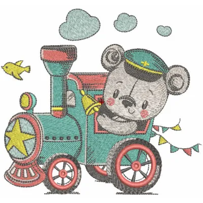 Teddy train driver embroidery design featuring a cute teddy bear in a conductor's hat, perfect for children's projects.