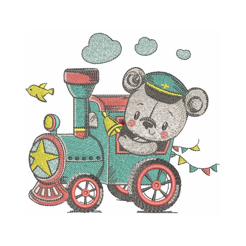Teddy train driver embroidery design featuring a cute teddy bear in a conductor's hat, perfect for children's projects.
