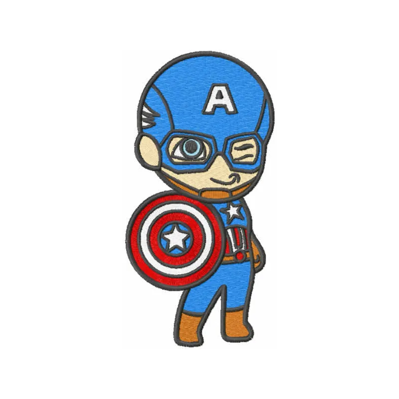 Captain America embroidery design featuring the superhero with his iconic shield, perfect for apparel and accessories.