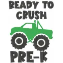 Preview of 'Ready to Crush Pre-K' embroidery design for back to school, showcasing vibrant stitching patterns.