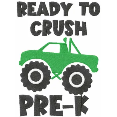 Preview of 'Ready to Crush Pre-K' embroidery design for back to school, showcasing vibrant stitching patterns.