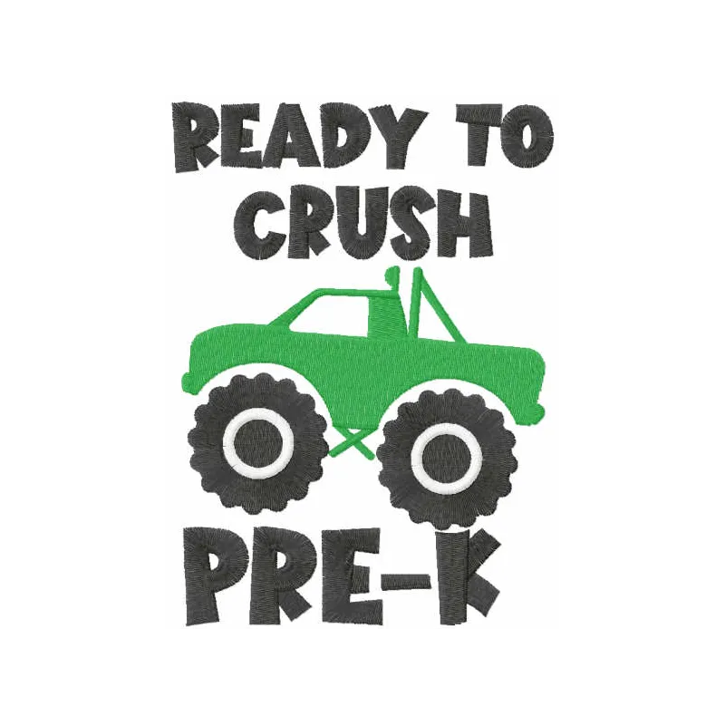 Preview of 'Ready to Crush Pre-K' embroidery design for back to school, showcasing vibrant stitching patterns.