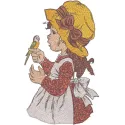 Embroidery design featuring a little girl with a parrot, perfect for creating charming stitched motifs.