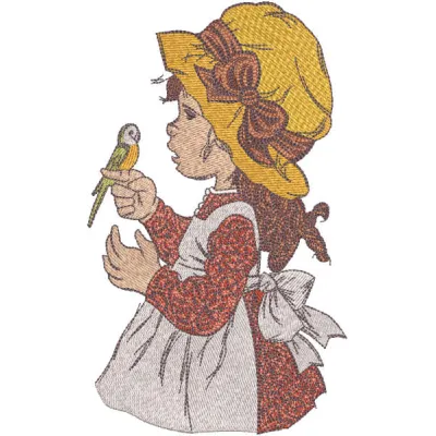 Embroidery design featuring a little girl with a parrot, perfect for creating charming stitched motifs.