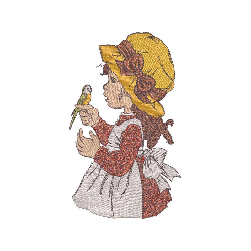Embroidery design featuring a little girl with a parrot, perfect for creating charming stitched motifs.