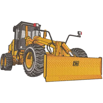 CAT grader embroidery design preview featuring a detailed depiction of a construction vehicle for stitching.