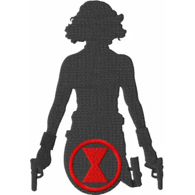 Embroidery design featuring Black Widow guns and logo, ideal for stitching on apparel and accessories.