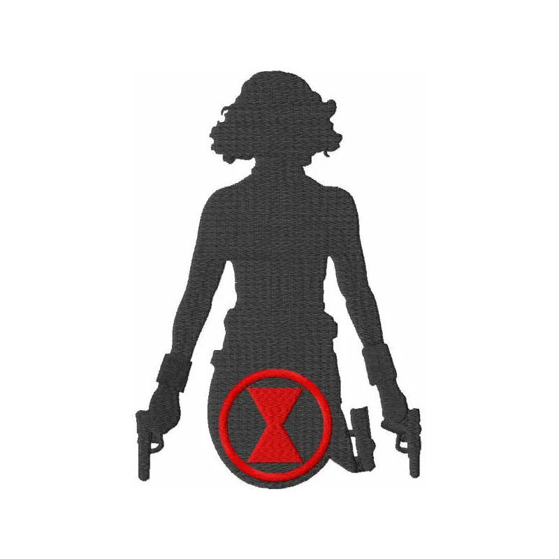 Embroidery design featuring Black Widow guns and logo, ideal for stitching on apparel and accessories.
