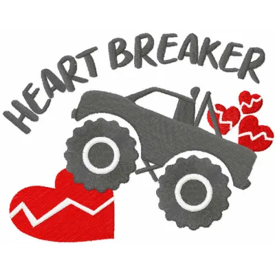 Young heart breaker embroidery design preview featuring playful lettering for baby apparel.