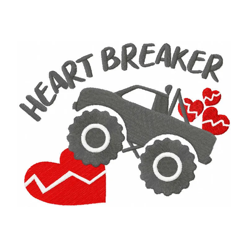 Young heart breaker embroidery design preview featuring playful lettering for baby apparel.