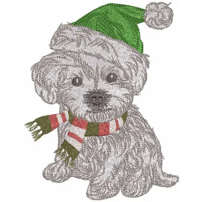Preview of 'Ready for a Winter Walk' embroidery design featuring a playful dog in winter attire.