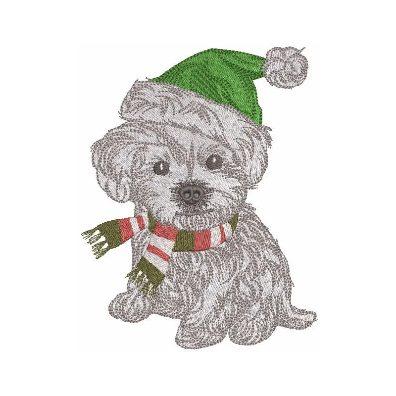 Preview of 'Ready for a Winter Walk' embroidery design featuring a playful dog in winter attire.