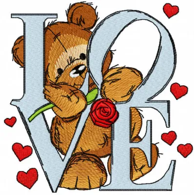 Preview of the Declaration of Love embroidery design featuring a charming teddy bear, ideal for heartfelt stitching projects.