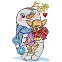 Embroidery design featuring a cheerful snowman with a playful chihuahua, perfect for winter-themed projects.