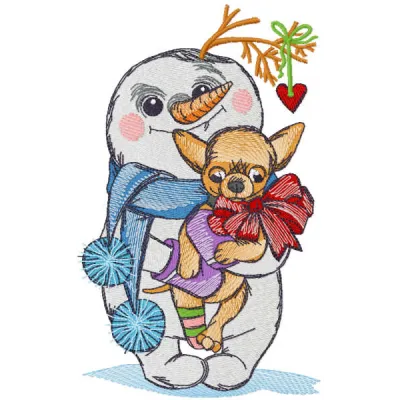 Embroidery design featuring a cheerful snowman with a playful chihuahua, perfect for winter-themed projects.