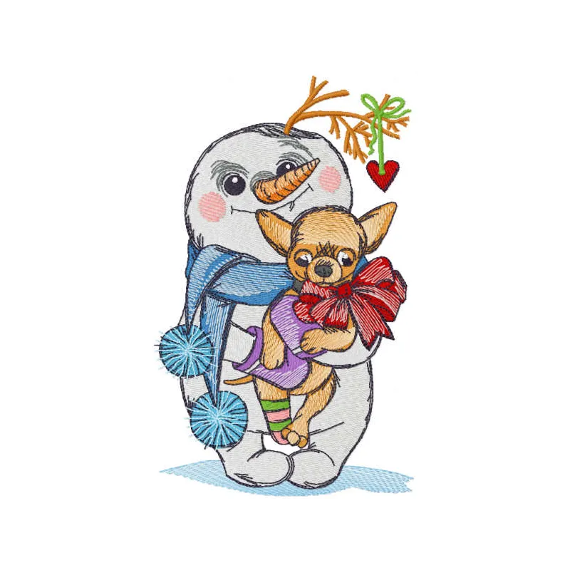 Embroidery design featuring a cheerful snowman with a playful chihuahua, perfect for winter-themed projects.