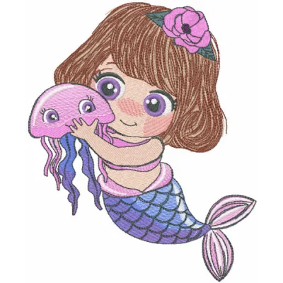 Mermaid with Medusa embroidery design showcasing intricate details, perfect for stitching on apparel or home decor.