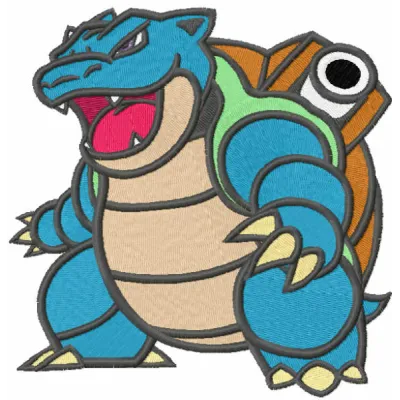 Blastoise embroidery design showcasing a detailed stitched motif of the iconic Pokemon character.