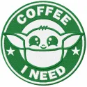 Embroidery design featuring Yoda with the phrase 'I Need Coffee', perfect for Star Wars fans.