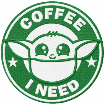 Embroidery design featuring Yoda with the phrase 'I Need Coffee', perfect for Star Wars fans.