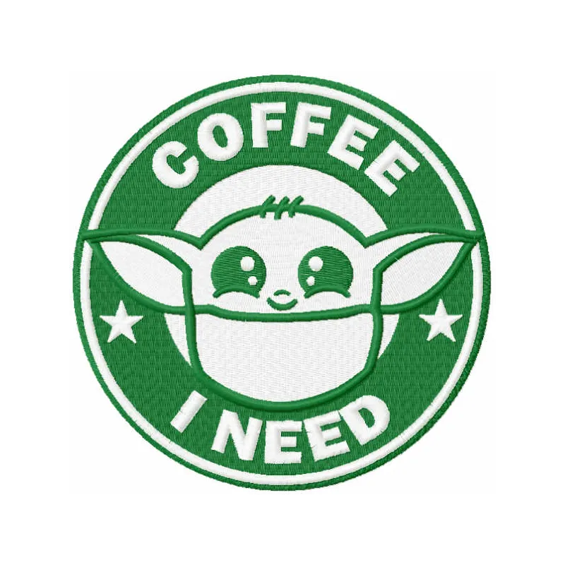 Embroidery design featuring Yoda with the phrase 'I Need Coffee', perfect for Star Wars fans.