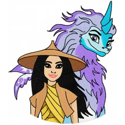 Raya and Sisu embroidery design showcasing vibrant characters from Raya and the Last Dragon on fabric.