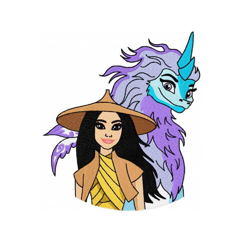 Raya and Sisu embroidery design showcasing vibrant characters from Raya and the Last Dragon on fabric.