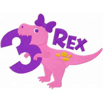 Three Year Old Girl Dinosaur Birthday embroidery design featuring colorful dinosaurs and festive elements.