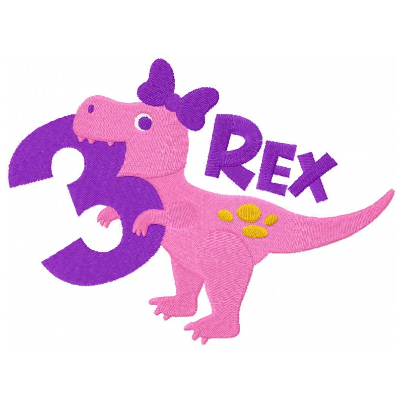 Three Year Old Girl Dinosaur Birthday embroidery design featuring colorful dinosaurs and festive elements.