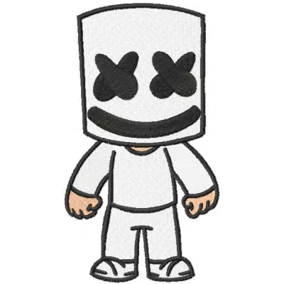 Marshmello boy embroidery design inspired by Fortnite, showcasing a fun stitched motif for creative projects.