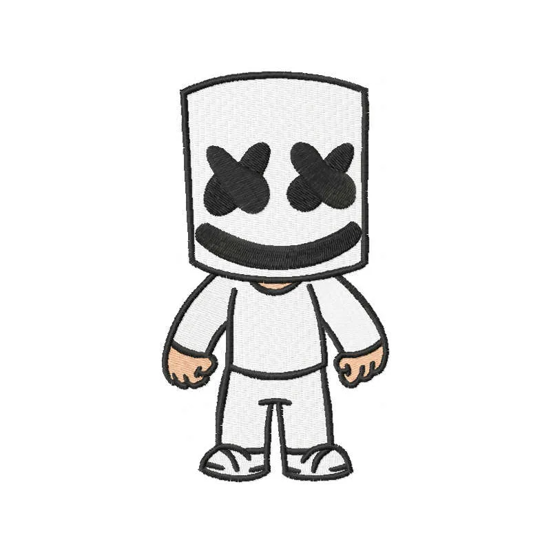 Marshmello boy embroidery design inspired by Fortnite, showcasing a fun stitched motif for creative projects.