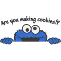 Colorful embroidery design featuring a fun 'Are you making cookies' motif from Sesame Street for stitching on various items.