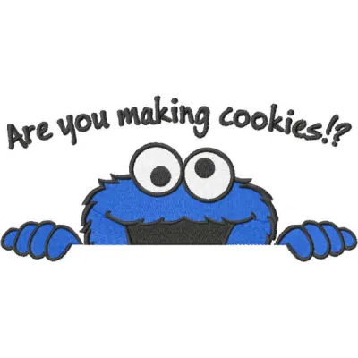 Colorful embroidery design featuring a fun 'Are you making cookies' motif from Sesame Street for stitching on various items.