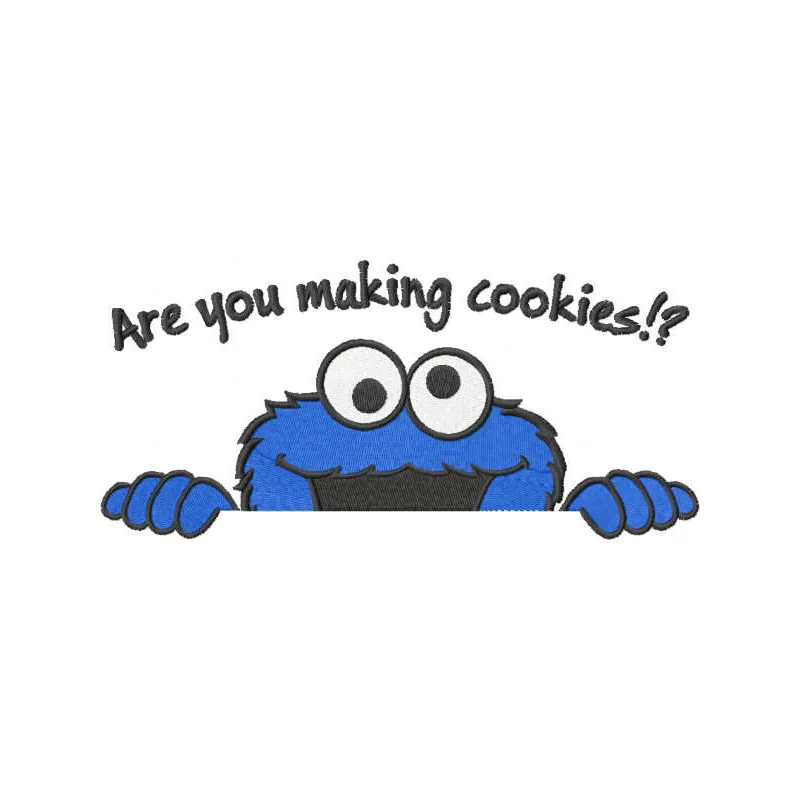 Colorful embroidery design featuring a fun 'Are you making cookies' motif from Sesame Street for stitching on various items.
