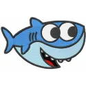 Smiling baby shark embroidery design from the Cocomelon collection, perfect for baby onesies and towels.