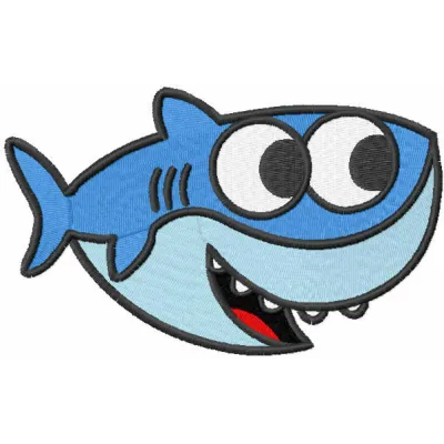 Smiling baby shark embroidery design from the Cocomelon collection, perfect for baby onesies and towels.