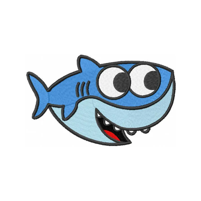 Smiling baby shark embroidery design from the Cocomelon collection, perfect for baby onesies and towels.